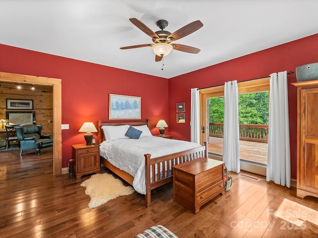 917 Otter Mountain Rd, Topton, NC 28781 - bedroom with access to outside, hardwood / wood-style floors, a ceiling fan, and baseboards