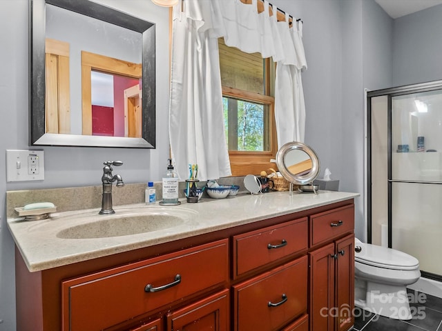917 Otter Mountain Rd, Topton, NC 28781 - bathroom with a shower stall, vanity, toilet, and tile patterned floors