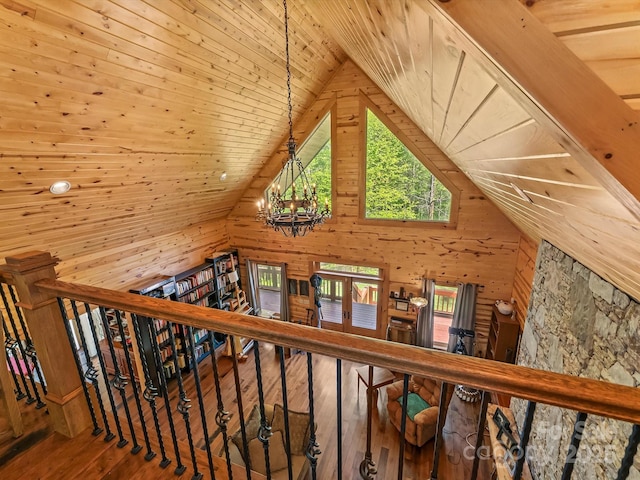 917 Otter Mountain Rd, Topton, NC 28781 - bonus room featuring wood walls, a chandelier, wooden ceiling, hardwood / wood-style flooring, and vaulted ceiling