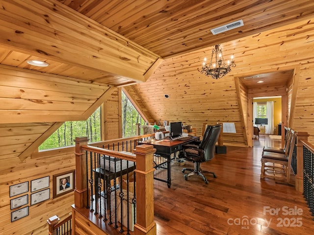 917 Otter Mountain Rd, Topton, NC 28781 - office space featuring hardwood / wood-style flooring, wooden walls, a chandelier, wooden ceiling, and lofted ceiling