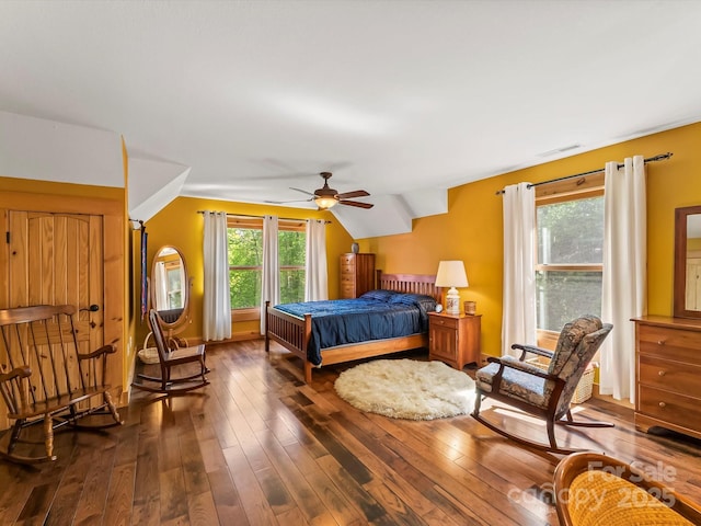 917 Otter Mountain Rd, Topton, NC 28781 - bedroom featuring dark wood-style flooring, vaulted ceiling, and a ceiling fan