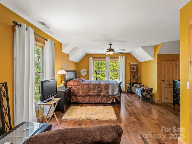 917 Otter Mountain Rd, Topton, NC 28781 - bedroom featuring wood finished floors, lofted ceiling, and ceiling fan