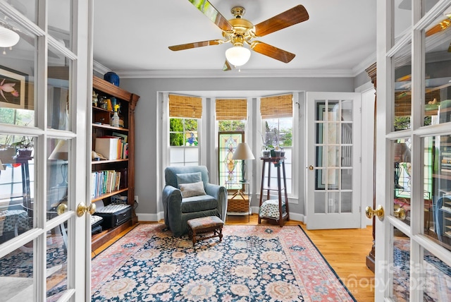 50 Pinerose Dr, Weaverville, NC 28787 - living area featuring french doors, ornamental molding, wood finished floors, ceiling fan, and baseboards