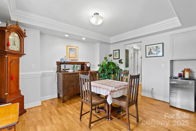 50 Pinerose Dr, Weaverville, NC 28787 - dining room featuring a tray ceiling, light wood-style flooring, baseboards, crown molding, and recessed lighting