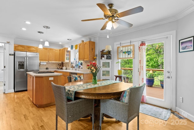 50 Pinerose Dr, Weaverville, NC 28787 - dining area featuring a ceiling fan, light wood-type flooring, crown molding, recessed lighting, and baseboards