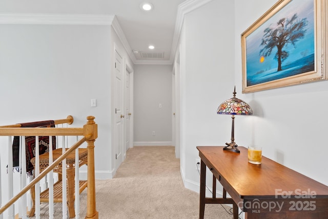 50 Pinerose Dr, Weaverville, NC 28787 - hall with light carpet, ornamental molding, baseboards, and recessed lighting