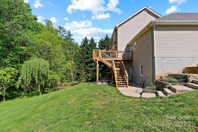 50 Pinerose Dr, Weaverville, NC 28787 - view of grassy yard featuring stairs, a deck, and a patio