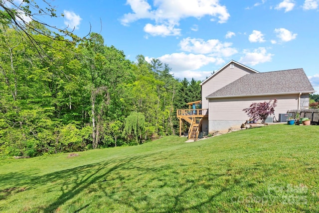50 Pinerose Dr, Weaverville, NC 28787 - view of grassy yard featuring stairway and a wooden deck
