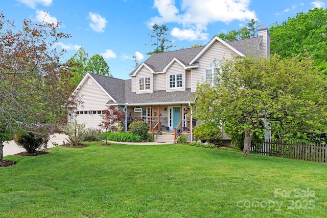 50 Pinerose Dr, Weaverville, NC 28787 - traditional home with covered porch, a garage, a shingled roof, and a chimney