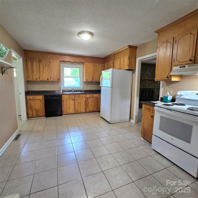 6573 Weldon Cir NW Unit 22, Concord, NC 28027 - kitchen with white appliances, under cabinet range hood, dark countertops, a textured ceiling, and a sink