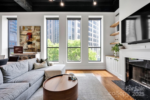 living area with light wood-style floors, a high end fireplace, track lighting, and beam ceiling