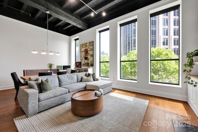 living room with track lighting, beamed ceiling, hardwood / wood-style floors, and baseboards