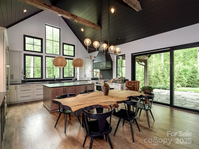 276 Stone Field Trl, Brevard, NC 28712 - dining room with high vaulted ceiling, light wood-style floors, and wooden ceiling with exposed beams