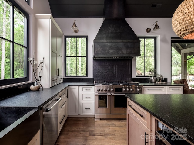 276 Stone Field Trl, Brevard, NC 28712 - kitchen featuring appliances with stainless steel finishes, dark countertops, premium range hood, light wood-style flooring, and backsplash