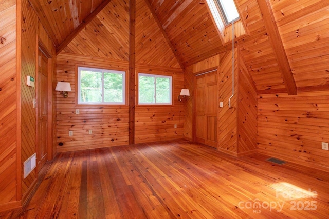 307 Five Star Dr, Glenville, NC 28736 - spare room featuring wooden ceiling, light wood-type flooring, wood walls, and a skylight