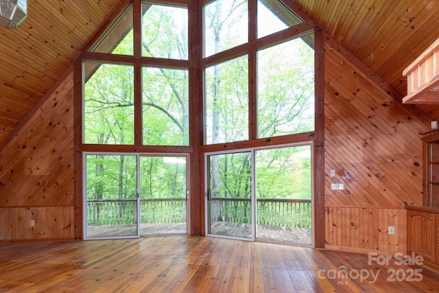 307 Five Star Dr, Glenville, NC 28736 - unfurnished living room with high vaulted ceiling, wood walls, wood-type flooring, and a wall of windows