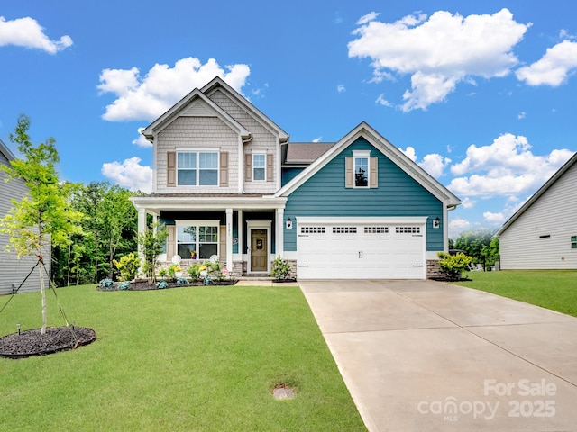 6381 Trinity Crossing Cir, Kannapolis, NC 28081 - craftsman-style house with covered porch, a front lawn, driveway, and a garage