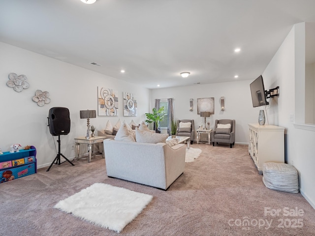 6381 Trinity Crossing Cir, Kannapolis, NC 28081 - living room featuring light carpet, recessed lighting, and baseboards
