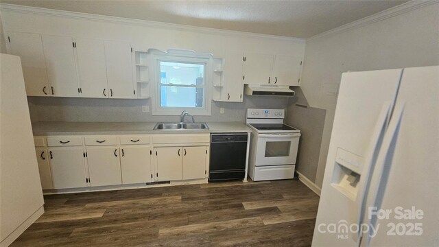 kitchen with white appliances, a sink, under cabinet range hood, open shelves, and ornamental molding