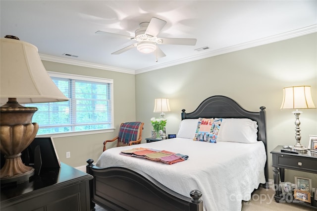 bedroom with ornamental molding, a ceiling fan, and baseboards