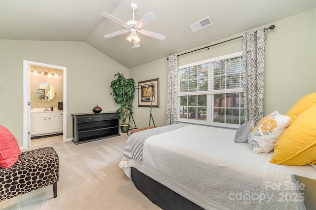 10617 Fuller Ridge Cir, Charlotte, NC 28270 - bedroom with carpet flooring, lofted ceiling, connected bathroom, and ceiling fan
