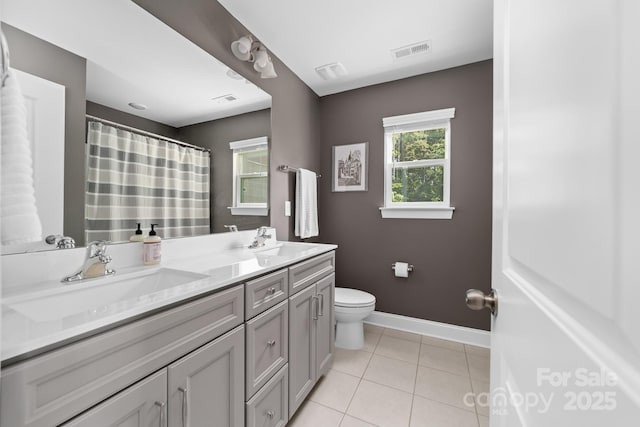 3615 Alamito Ln, Charlotte, NC 28214 - bathroom featuring toilet, tile patterned floors, baseboards, double vanity, and curtained shower