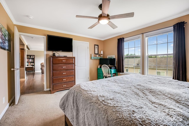 14 Phoenix Cir, Alexander, NC 28701 - bedroom featuring crown molding, baseboards, light carpet, and ceiling fan