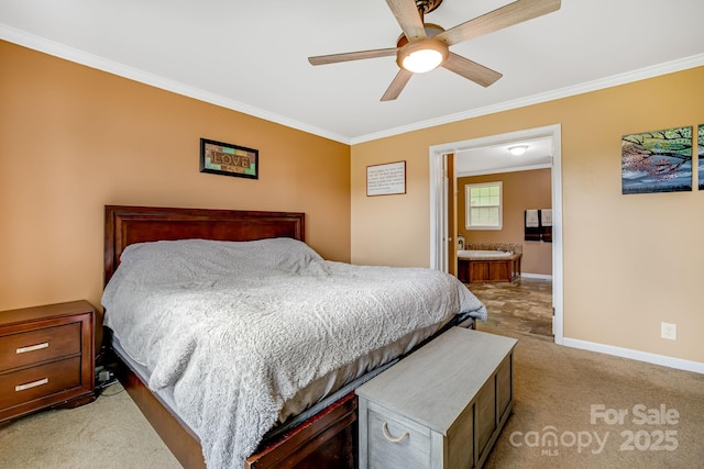 14 Phoenix Cir, Alexander, NC 28701 - bedroom with ornamental molding, light carpet, baseboards, ensuite bathroom, and ceiling fan