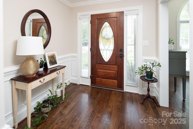foyer entrance featuring dark wood-style flooring, wainscoting, a decorative wall, plenty of natural light, and crown molding