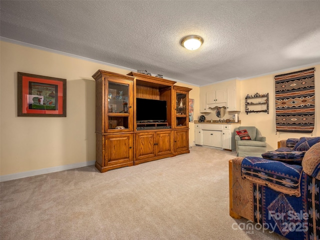 living room featuring light carpet and a textured ceiling