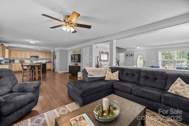 living area featuring ornamental molding, dark wood-style flooring, a textured ceiling, and ceiling fan