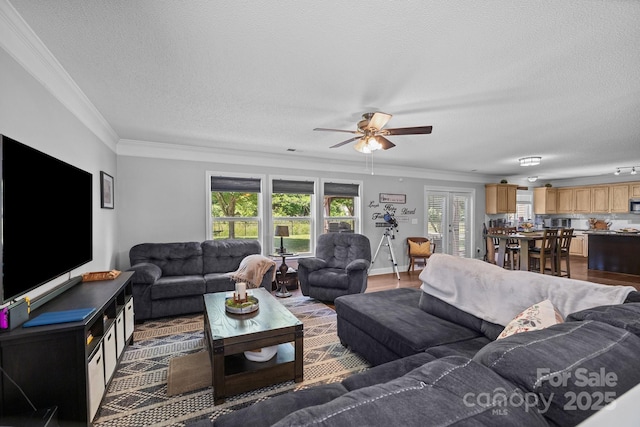 living area featuring a textured ceiling, crown molding, and ceiling fan