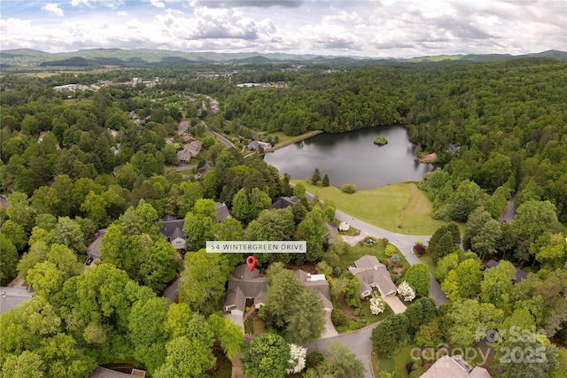 aerial view of a heavily wooded area and a water and mountain view