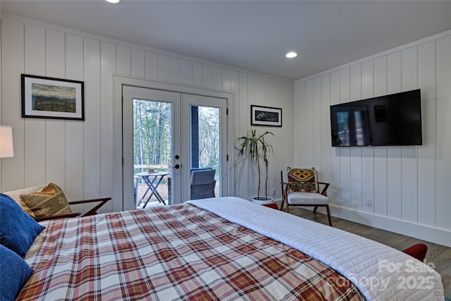 bedroom with french doors, wood finished floors, access to exterior, recessed lighting, and baseboards