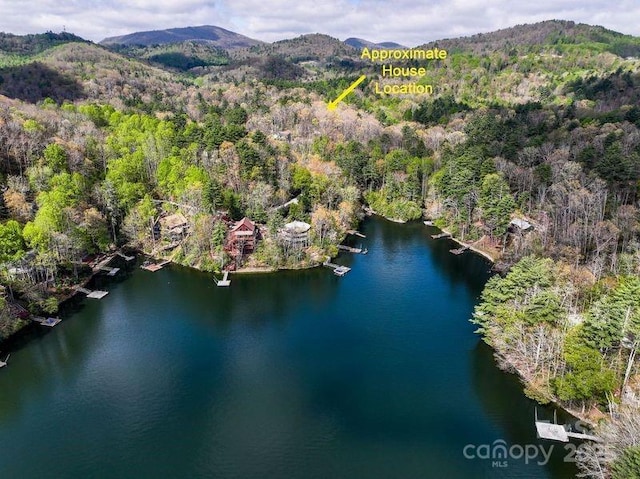 aerial view of property's location with a heavily wooded area and a water and mountain view