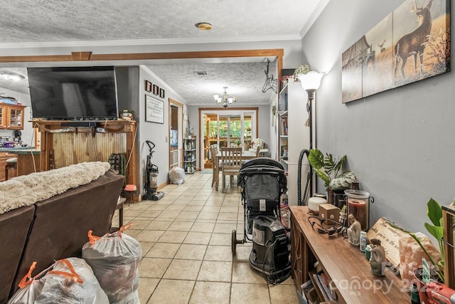 4155 Slanting Bridge Rd, Sherrills Ford, NC 28673 - living area with a textured ceiling, crown molding, and a chandelier