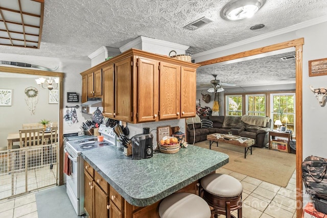 4155 Slanting Bridge Rd, Sherrills Ford, NC 28673 - kitchen featuring white electric range, light tile patterned flooring, brown cabinets, ceiling fan, and crown molding