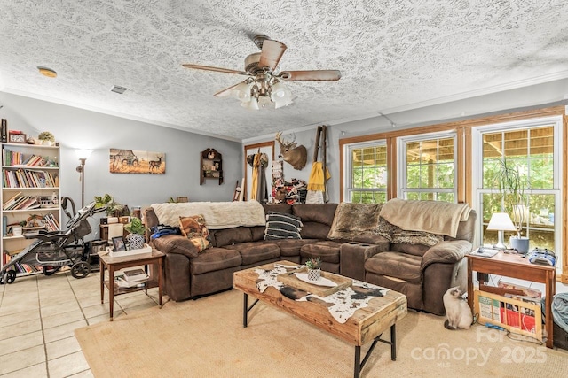 4155 Slanting Bridge Rd, Sherrills Ford, NC 28673 - living room featuring a ceiling fan, crown molding, tile patterned flooring, and a textured ceiling