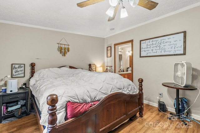 4155 Slanting Bridge Rd, Sherrills Ford, NC 28673 - bedroom featuring wood finished floors, crown molding, a textured ceiling, baseboards, and a ceiling fan