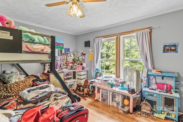 4155 Slanting Bridge Rd, Sherrills Ford, NC 28673 - bedroom featuring crown molding, wood finished floors, a textured ceiling, and a ceiling fan