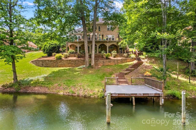 141 Ridge Top Rd, Mooresville, NC 28117 - dock with stairway, a water view, and a lawn