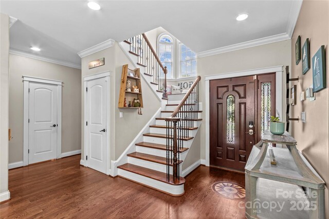 141 Ridge Top Rd, Mooresville, NC 28117 - foyer with wood finished floors, stairs, ornamental molding, baseboards, and recessed lighting