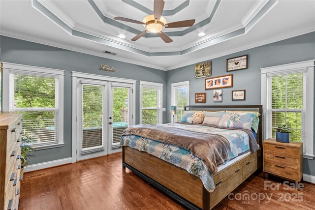 141 Ridge Top Rd, Mooresville, NC 28117 - bedroom with french doors, access to outside, ornamental molding, a raised ceiling, and wood finished floors