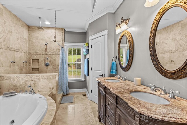 141 Ridge Top Rd, Mooresville, NC 28117 - full bath featuring a garden tub, double vanity, crown molding, a tile shower, and baseboards