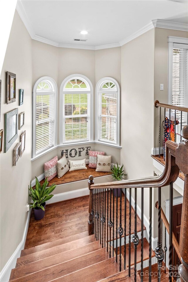 141 Ridge Top Rd, Mooresville, NC 28117 - staircase featuring wood finished floors, baseboards, plenty of natural light, ornamental molding, and recessed lighting