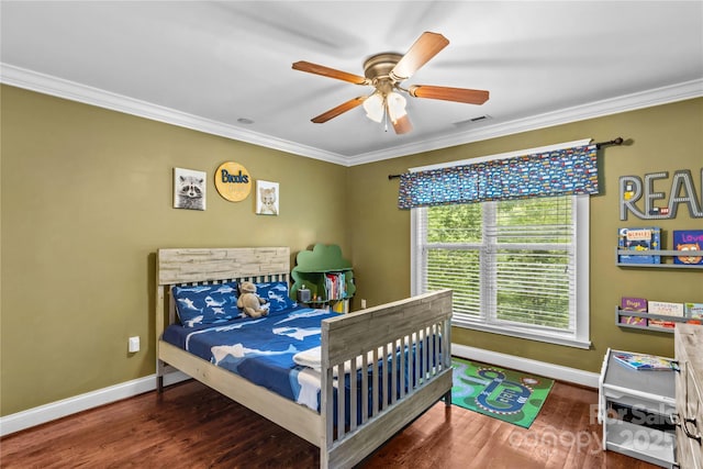 141 Ridge Top Rd, Mooresville, NC 28117 - bedroom with baseboards, ornamental molding, wood finished floors, and ceiling fan
