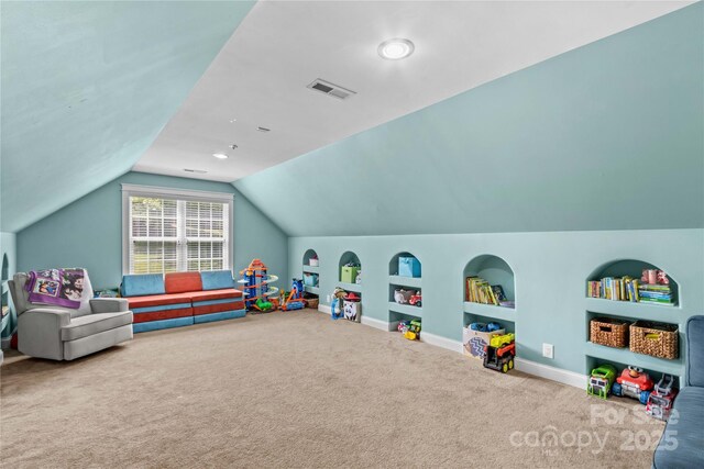 141 Ridge Top Rd, Mooresville, NC 28117 - game room featuring carpet flooring, vaulted ceiling, built in shelves, baseboards, and recessed lighting