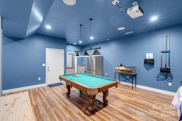 playroom with baseboards, wood finished floors, billiards, recessed lighting, and vaulted ceiling