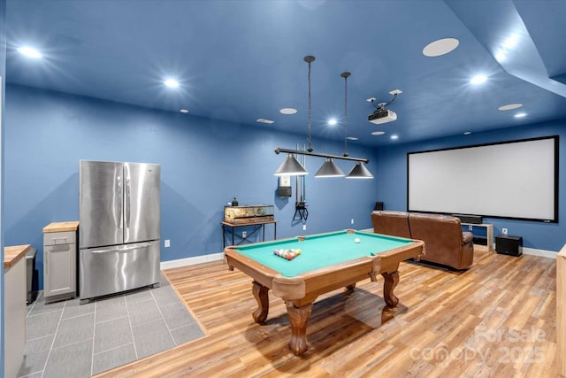 recreation room featuring light wood finished floors, pool table, baseboards, and recessed lighting