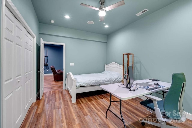 36 Nader Ave, Weaverville, NC 28787 - bedroom featuring a closet, wood finished floors, recessed lighting, ceiling fan, and a desk